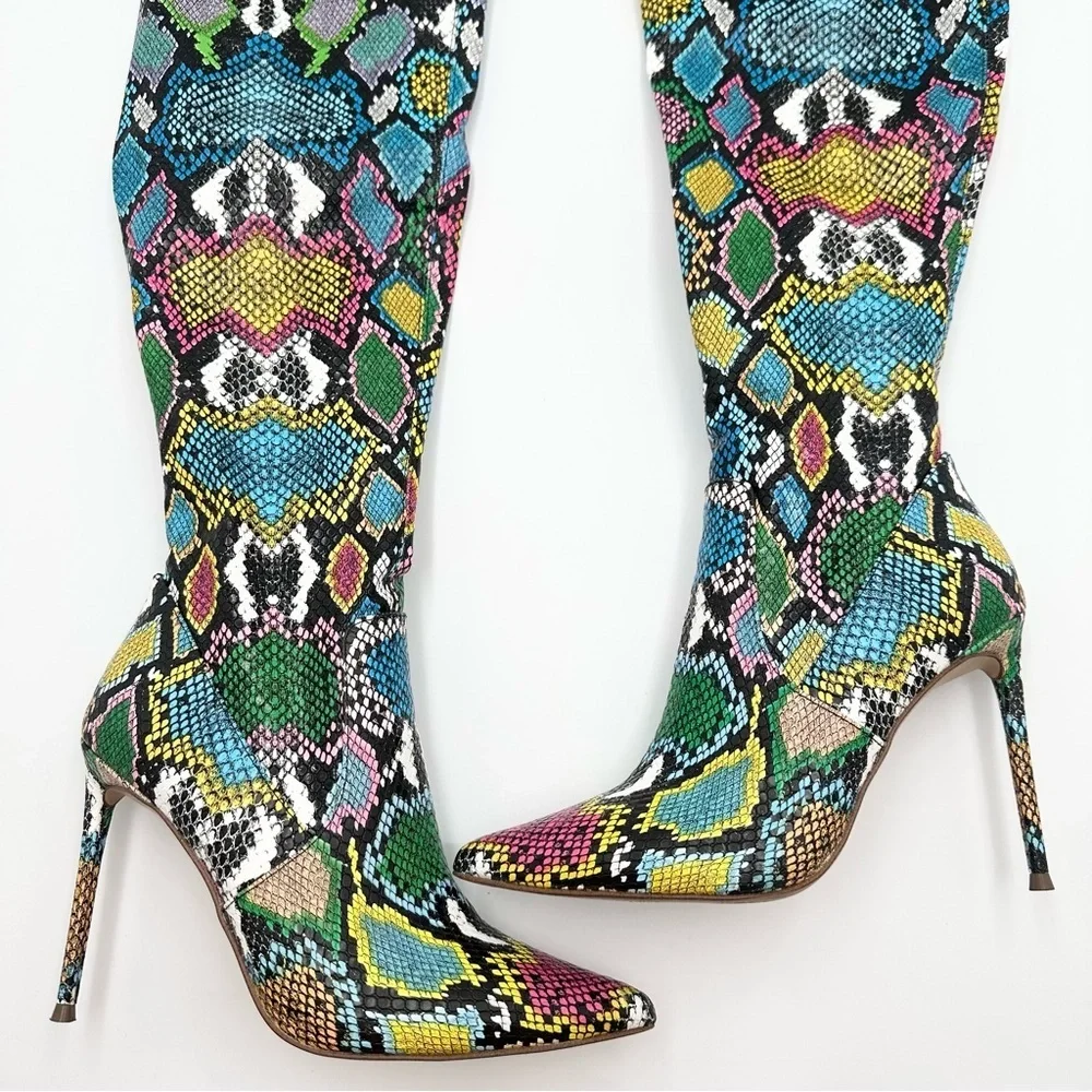 Steve Madden Vava Snakeskin OTK Over the Knee Tall Heeled Boots Multicolor